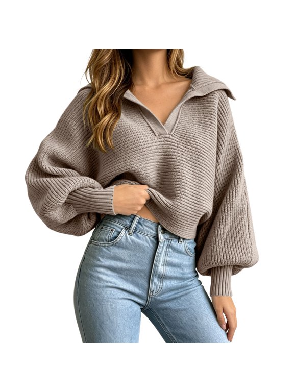 Women's Sailor Collar Sweater Lapel V Neck Ribbed Knit Pullover Long Sleeve Lightweight Coastal Casual Top Khaki S