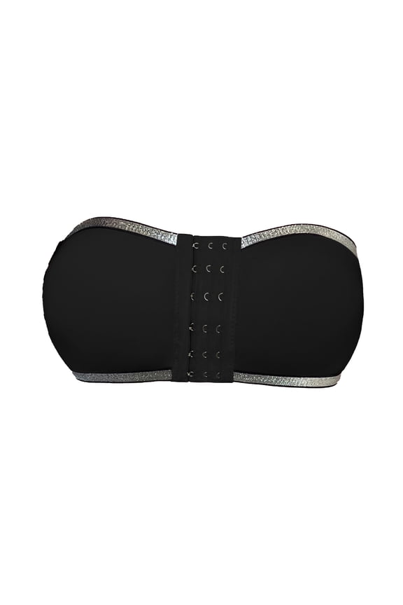 Women’s Seamless Bandeau Bra with Shiny Trim – Strapless, Front Closure, Wirefree Comfort Black M