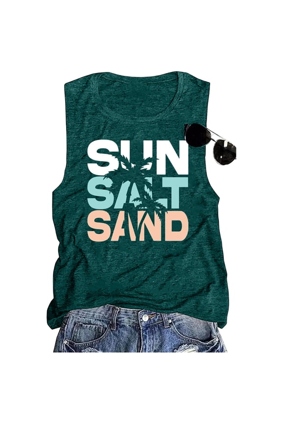 Women's Sleeveless Letter Print Tank Top Round Neck Summer Vest Dark Green L