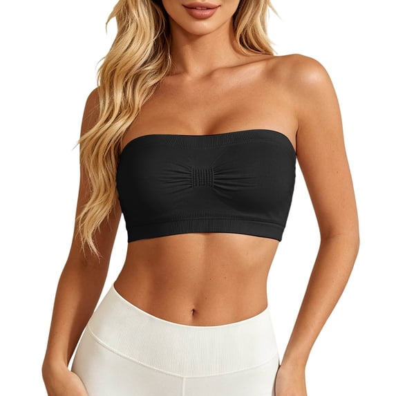 Luvior Women's Summer Knit Bandeau Top Wireless Strapless Bra Ruched Front Breathable Tube Top Black XXXL