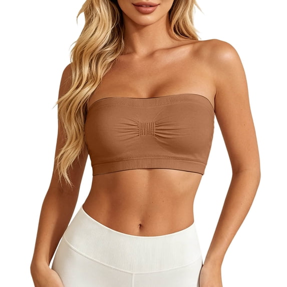 Luvior Women's Summer Knit Bandeau Top Wireless Strapless Bra Ruched Front Breathable Tube Top Brown XXXL