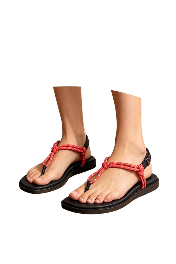 Women’s Summer Rope Knot Flat Sandals – Adjustable Velcro Strap Flip Flops with Massage Footbed, Non‑Slip Beach Slides for Casual Comfort Red 36