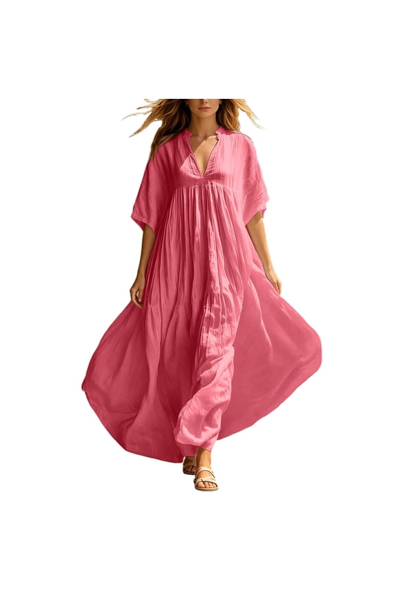 Women‘s Summer Solid Color V Neck Beach Dress – Loose Fit Flowy Maxi with Lightweight Breathable Fabric for Resort Vacation PinkL XL