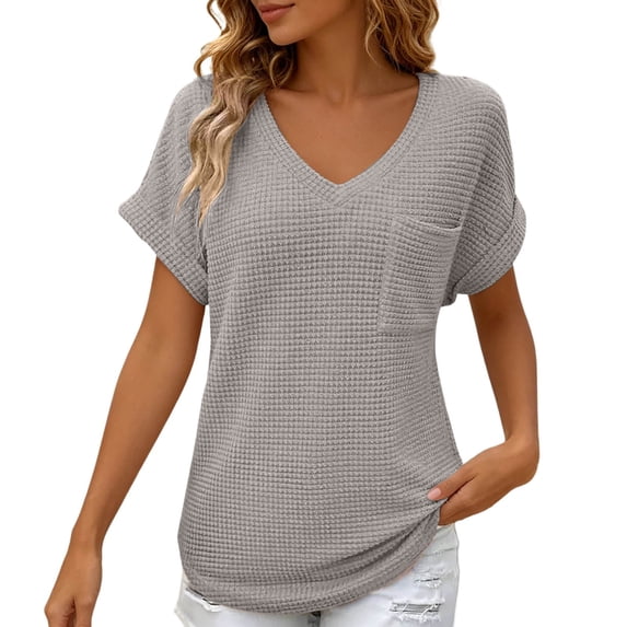 Luvior Women’s Summer Waffle Knit Short Sleeve Pocket T-Shirt – Textured Crew Neck Solid Breathable Top, Casual Everyday Basic Tee with Front Pocket