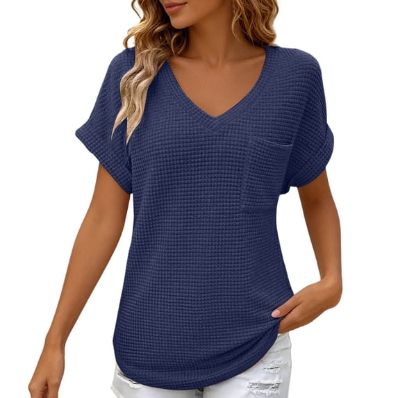Luvior Women’s Summer Waffle Knit Short Sleeve Pocket T-Shirt – Textured Crew Neck Solid Breathable Top, Casual Everyday Basic Tee with Front Pocket
