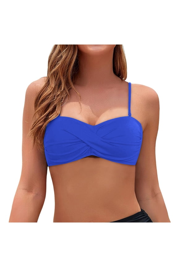 Women’s Twist Front Bandeau Bikini Top – Strapless Swimsuit Top with Removable Adjustable Straps, Soft Padding and Back Hook Closure Blue L