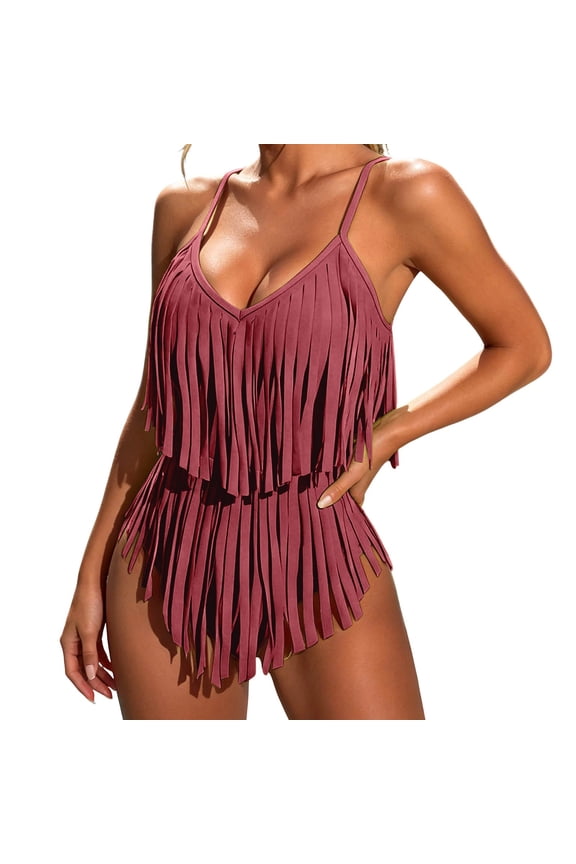 Women’s V Neck Backless Monokini – Solid Color One Piece Swimsuit with Fringe Details, Elegant Swimwear for Beach Parties Brick Red S