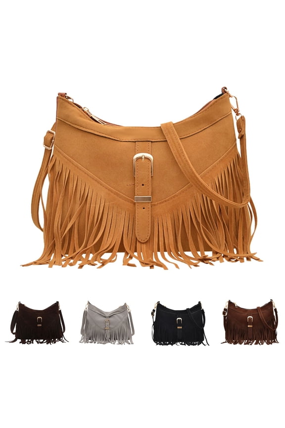 Women’s Vintage Motorcycle Fringe Buckle Crossbody Bag – Faux Leather Shoulder Purse with Adjustable Strap for Commuting and Casual Outings Brown