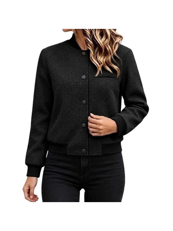 Womens Black Fall Winter Casual Long Sleeve Jacket Soft Baseball Jacket Coat