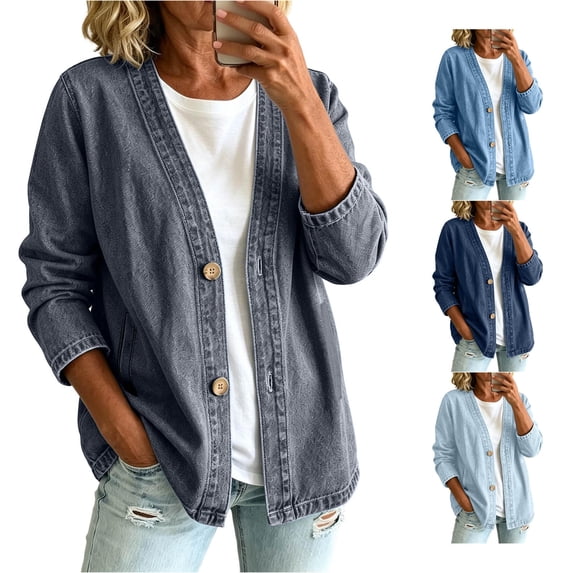 Luvior Womens Classic Button Front Breathable Stretch Denim Jacket Relaxed Fit Lightweight Casual Long Sleeve Cardigan Coat