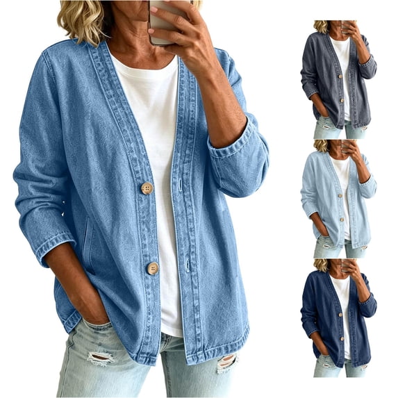 Luvior Womens Classic Button Front Breathable Stretch Denim Jacket Relaxed Fit Lightweight Casual Long Sleeve Cardigan Coat