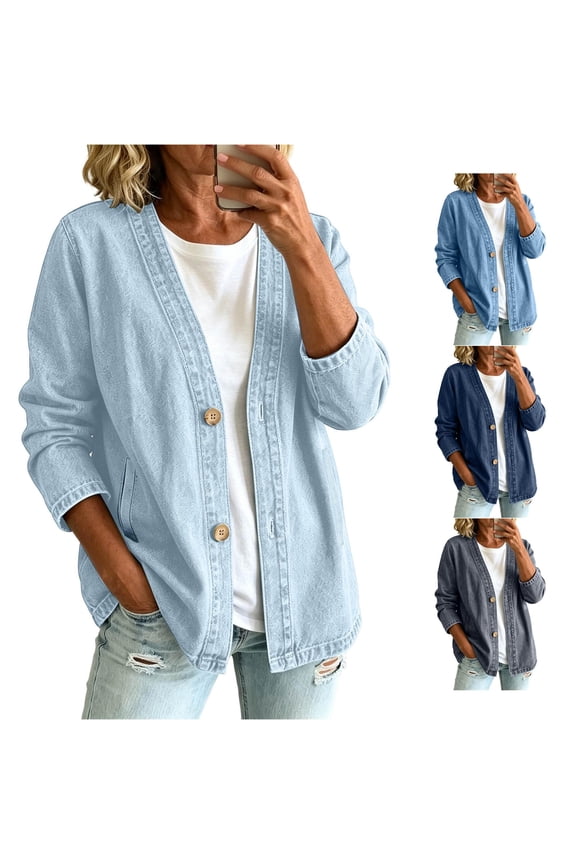 Womens Classic Button Front Breathable Stretch Denim Jacket Relaxed Fit Lightweight Casual Long Sleeve Cardigan Coat