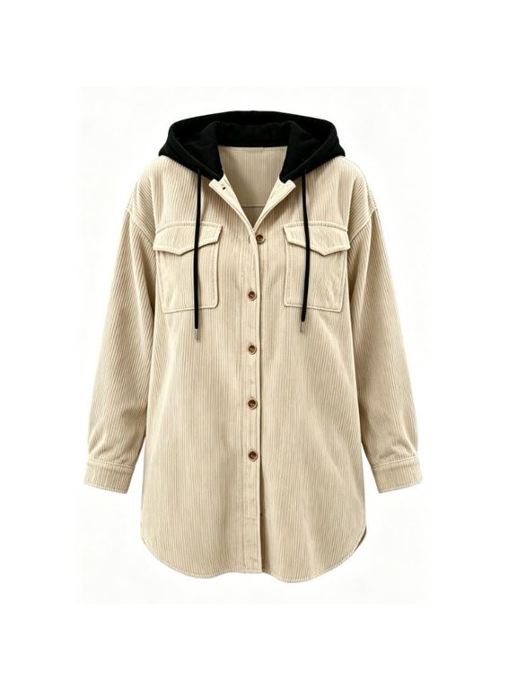 Womens Khaki hooded Jacket Fall Winter Button Down Color Hooded Shacket With Chest Pockets