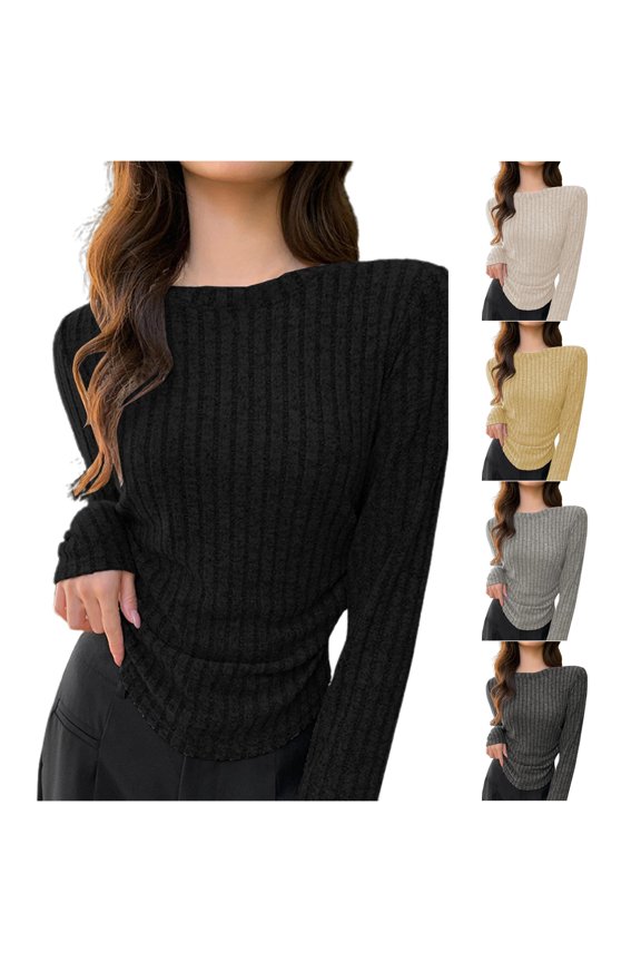 Womens Long Sleeve Sweater Tops Round Neck Tunic Blouses Dressy Pullover T Shirts for Business Casual Work