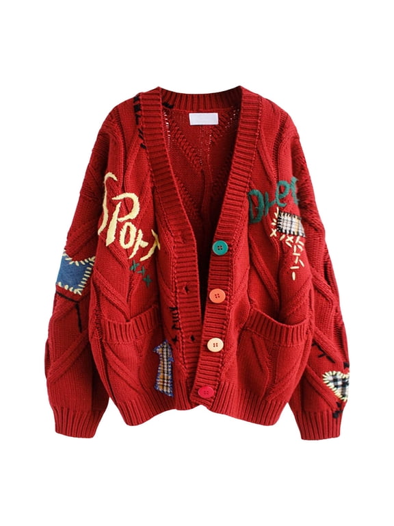 Womens Red Slouchy Cardigan Sweater Jacket Loose Short Sweater Cardigan Top Fall Winter