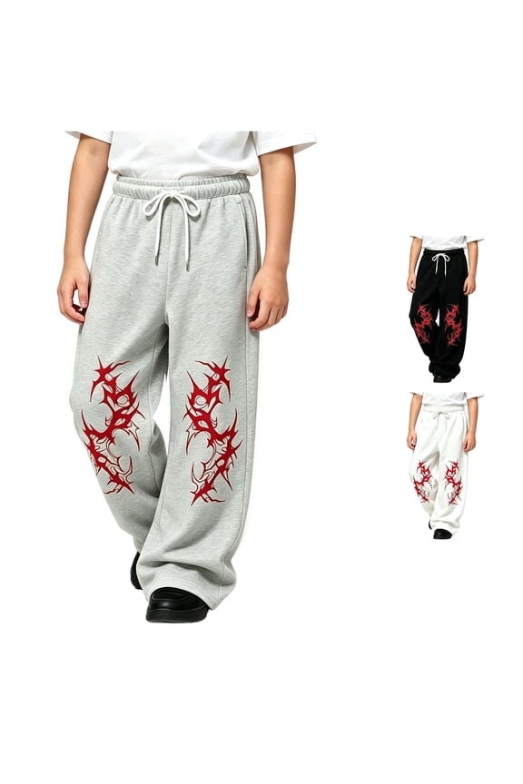 Y2k Baggy Sweatpants Boy and Girls Gothic Graphic Elastic Waist Wide Leg Track Pants Drawstring Athletic Joggers with Pockets