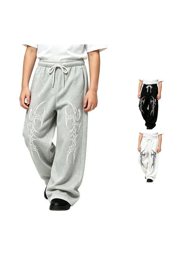 Y2k Baggy Sweatpants Boy and Girls Gothic Graphic Elastic Waist Wide Leg Track Pants Drawstring Athletic Joggers with Pockets