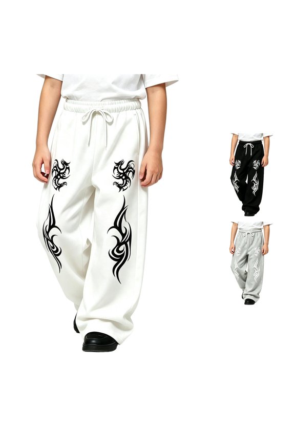 Y2k Baggy Sweatpants Boy and Girls Gothic Graphic Elastic Waist Wide Leg Track Pants Drawstring Athletic Joggers with Pockets