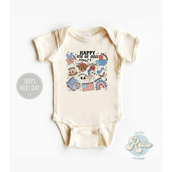 Luvly 4Th Of July Baby Retro Patriotic Happy Fourth Of July Bodysuit Red White And Blue Natural Baby Bodysuit, New Born, Baby Shower Gift, New Parents Gift