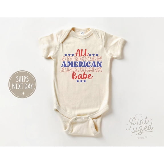 Luvly All American Babe - Girls Patriotic Bodysuit - Retro 4Th Of July Natural , New Born, Baby Shower Gift, New Parents Gift