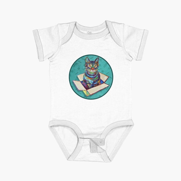 Luvly Arwen The Cosmic Cat In A Box On Teal By Robert Phelps Short Sleeve Baby One-Piece, New Born, Baby Shower Gift, New Parents Gift
