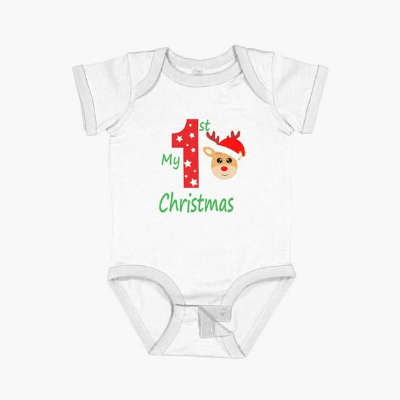 Luvly Baby First Christmas Reindeer Santa Short Sleeve Baby One-Piece, New Born, Baby Shower Gift, New Parents Gift