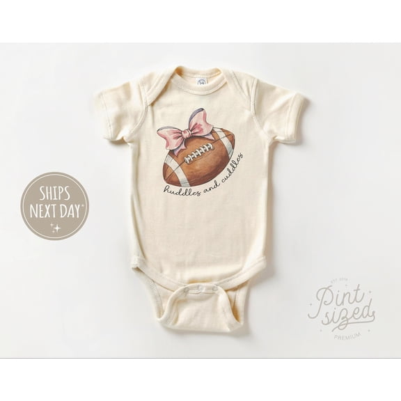 Luvly Baby Girl Football Huddles & Cuddles Football Baby Long Sleeve Natural - Cute Fall Natural Bodysuit, New Born, Baby Shower Gift, New Parents Gift