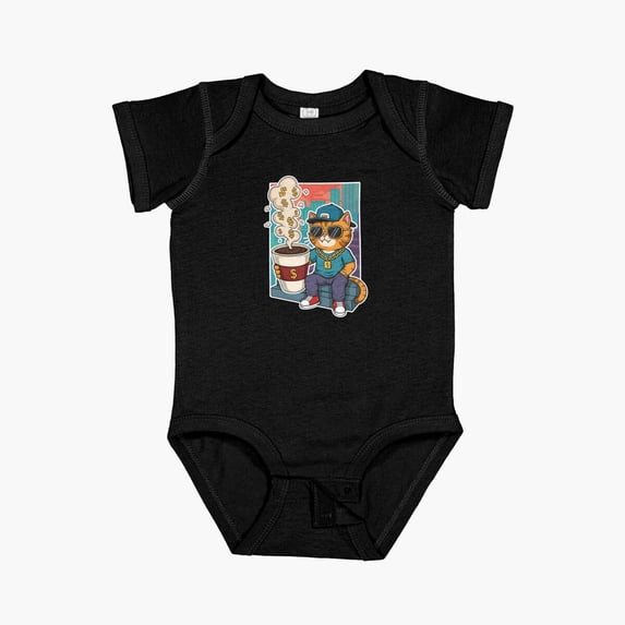 Luvly Badcat With Coffee Vibes Short Sleeve Baby One-Piece, New Born, Baby Shower Gift, New Parents Gift