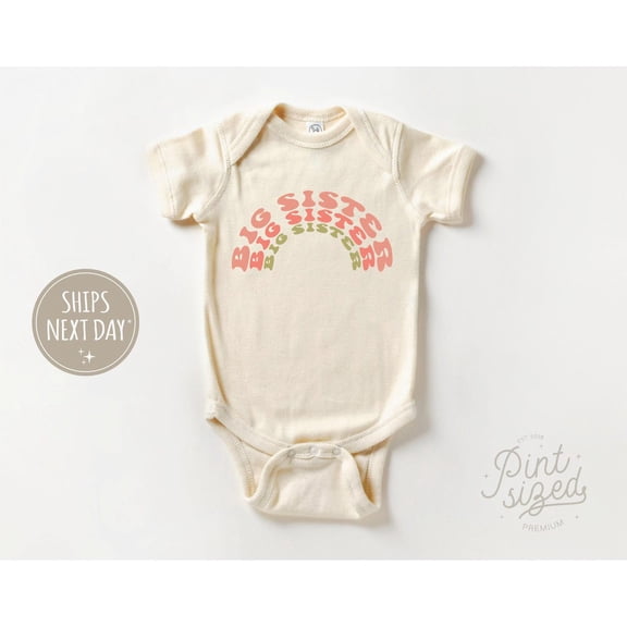 Luvly Big Sister - Retro Rainbow Bodysuit - Girls Natural Baby , New Born, Baby Shower Gift, New Parents Gift