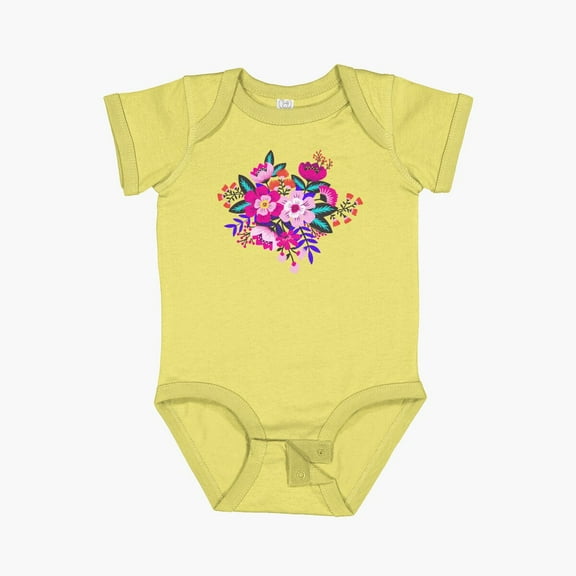 Luvly Bright Boho Flower Bouquet In Pink And Yellow Short Sleeve Baby One-Piece, New Born, Baby Shower Gift, New Parents Gift