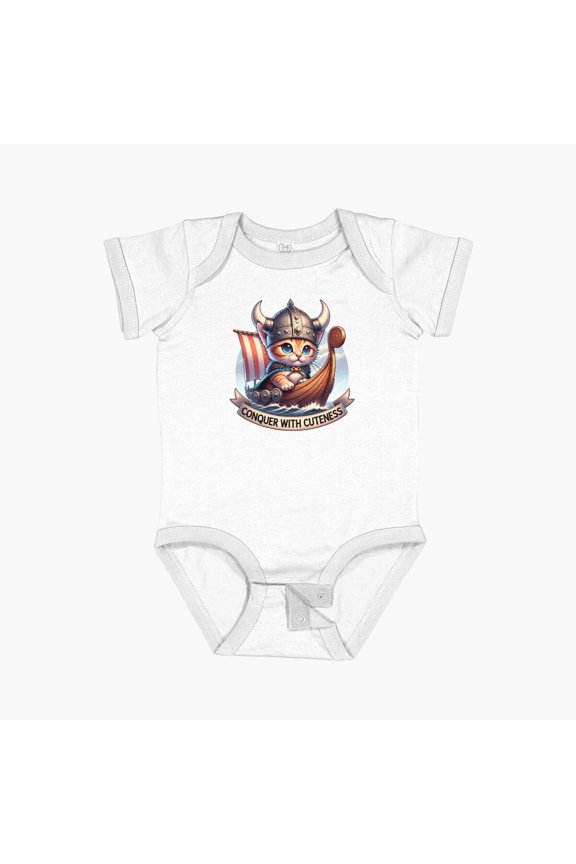 Cat Conquer With Cuteness Kitten Viking Short Sleeve Baby One-Piece, New Born, Baby Shower Gift, New Parents Gift
