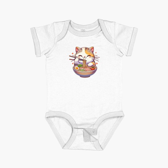 Luvly Cat Eating Ramen | Cute Cat | Chopsticks | Kawaii | Noodles Short Sleeve Baby One-Piece, New Born, Baby Shower Gift, New Parents Gift