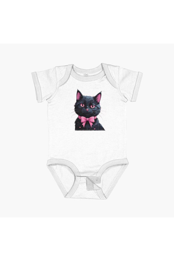 Charming Black Cat With Pink Bow. Black Pretty Kitten. Short Sleeve Baby One-Piece, New Born, Baby Shower Gift, New Parents Gift
