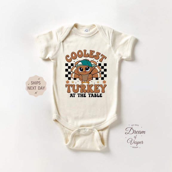 Luvly Coolest Turkey At The Table, Boys Thanksgiving, Newborn Baby Bodysuit, Natural Baby, Thanksgiving Baby Gift, New Born, Baby Shower Gift, New Parents Gift