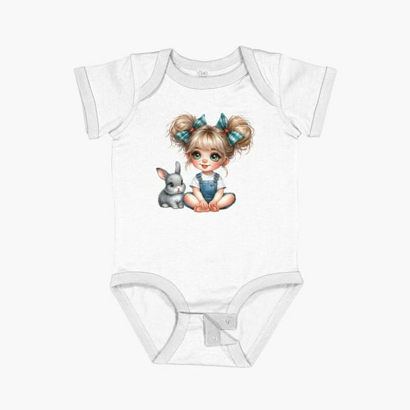 Luvly Copy Of Girl With Bunny: Sweet Companionship Short Sleeve Baby One-Piece, New Born, Baby Shower Gift, New Parents Gift