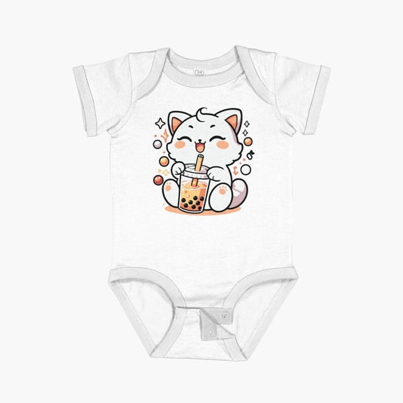 Luvly Cute Cat Boba Tea Bubble Tea Lover Aesthetic Short Sleeve Baby One-Piece, New Born, Baby Shower Gift, New Parents Gift