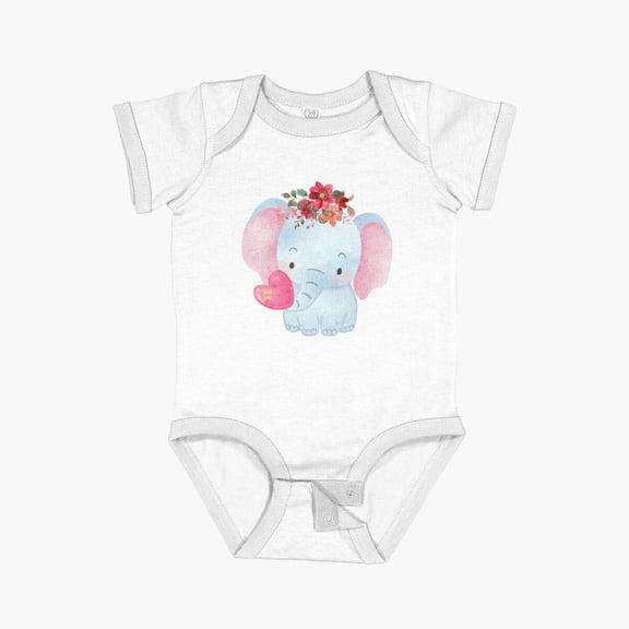 Luvly Cute Elephant With Heart And Flowers Short Sleeve Baby One-Piece, New Born, Baby Shower Gift, New Parents Gift