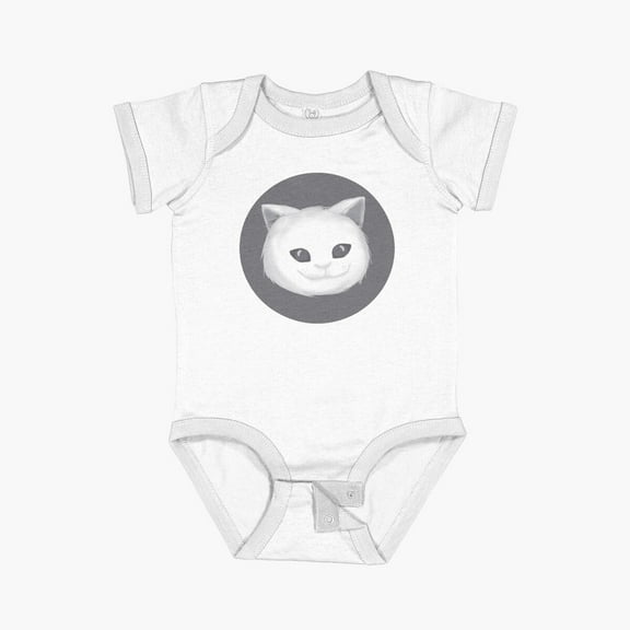 Luvly Cute Fluffy White Cat In A Grey Circle With Light Blue Background Short Sleeve Baby One-Piece, New Born, Baby Shower Gift, New Parents Gift