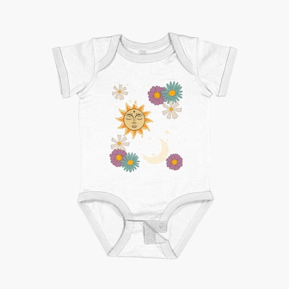 Luvly Cute Good Viions Boho Sun Moon Stars Flowers Positive Energy Short Sleeve Baby One-Piece, New Born, Baby Shower Gift, New Parents Gift