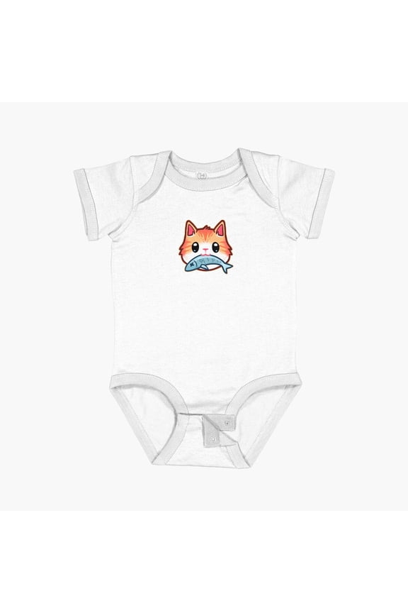 Cute Kitty Bite A Fish Short Sleeve Baby One-Piece, New Born, Baby Shower Gift, New Parents Gift