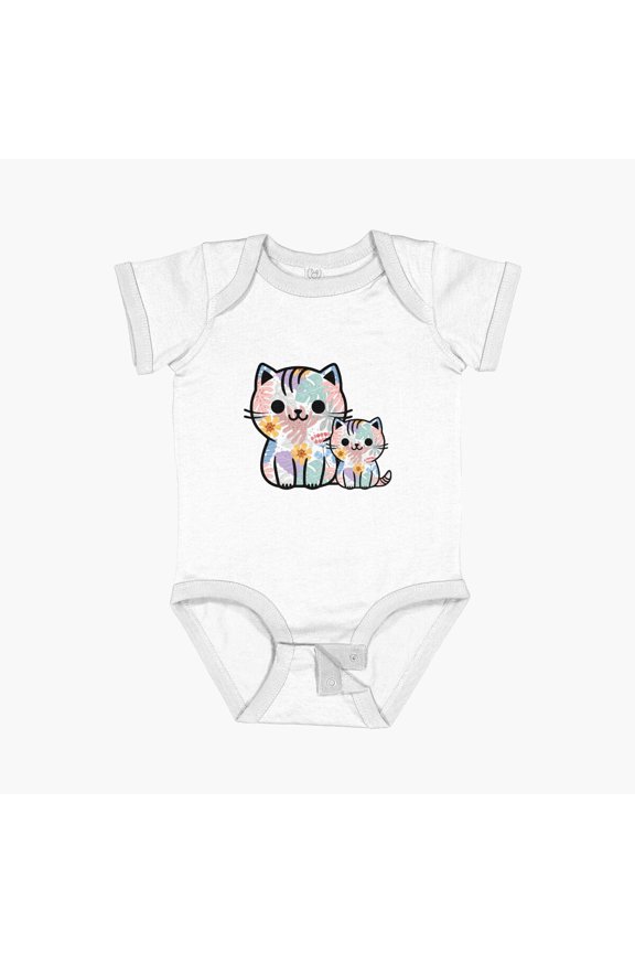 Cute Kitty Botanical Background Short Sleeve Baby One-Piece, New Born, Baby Shower Gift, New Parents Gift