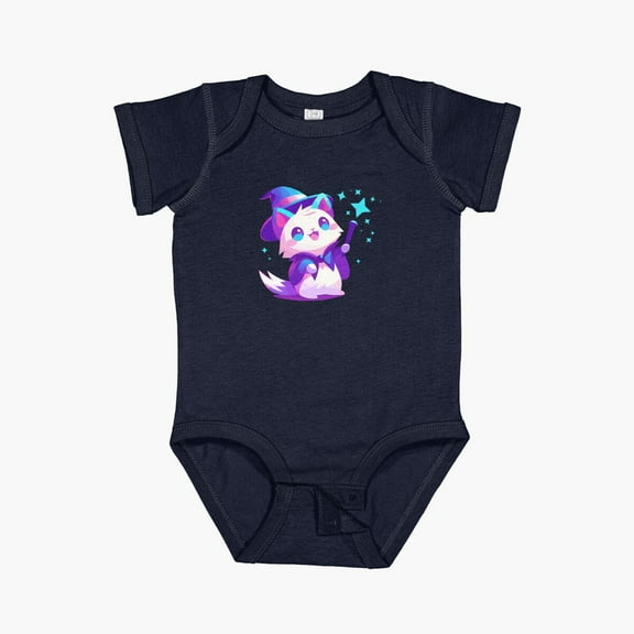 Luvly Cute White Kitten Wizard With A Magic Wand Short Sleeve Baby One-Piece, New Born, Baby Shower Gift, New Parents Gift