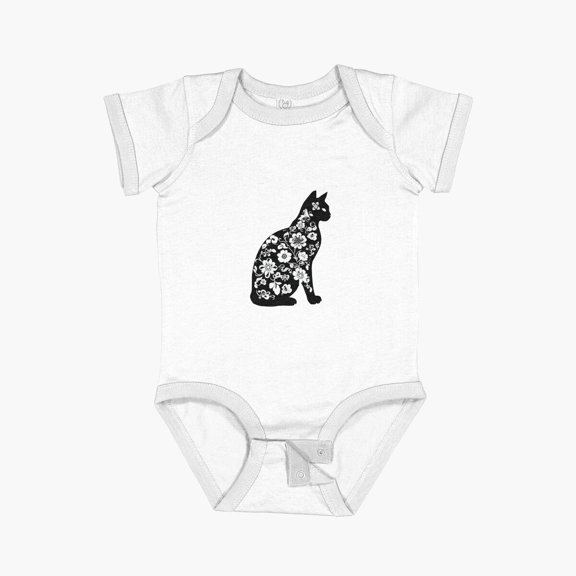 Luvly Floral Cat Silhouette Short Sleeve Baby One-Piece, New Born, Baby Shower Gift, New Parents Gift