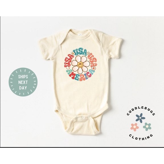 Luvly Fourth Of July Baby Onesies® Bodysuit - Usa America Smiley Face Baby Bodysuit - First 4Th Of July - Patriotic Baby - Natural Bodysuit, New Born, Baby Shower Gift, New Parents Gift