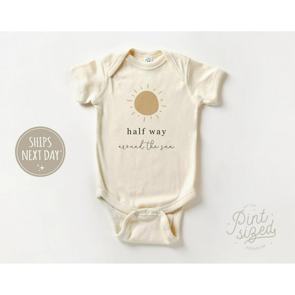 Luvly Half Way Around The Sun Baby - Retro 6 Month Old Bodysuit - Half Birthday Natural , New Born, Baby Shower Gift, New Parents Gift