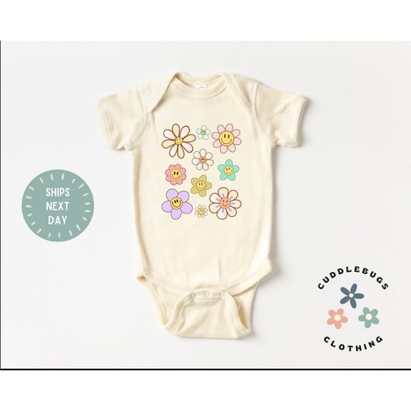 Luvly Happy Face Flowers Baby Onesies® Bodysuit - Smiley Face - Flowers Summer Bodysuit - Cute Baby Outfit - Summer Baby - Natural Bodysuit, New Born, Baby Shower Gift, New Parents Gift