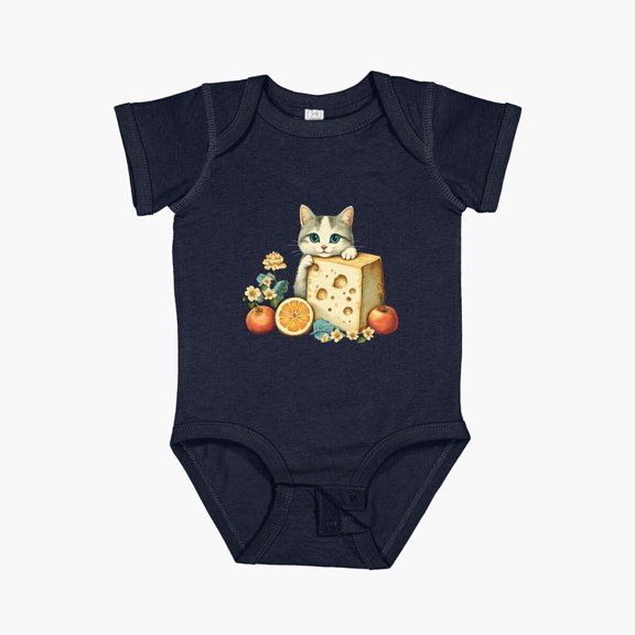 Luvly Happy Kitten With Food Illustration | Cat Art Short Sleeve Baby One-Piece, New Born, Baby Shower Gift, New Parents Gift