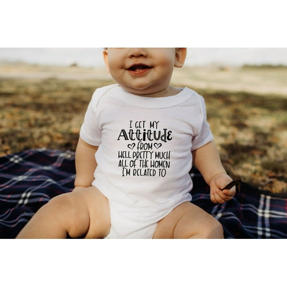 Luvly I Get My Attitude From Well Pretty Much All Of The Women I'M Related To, Newborn Bodysuit, Baby Announcement, Retro Bodysuit, New Born, Baby Shower Gift, New Parents Gift