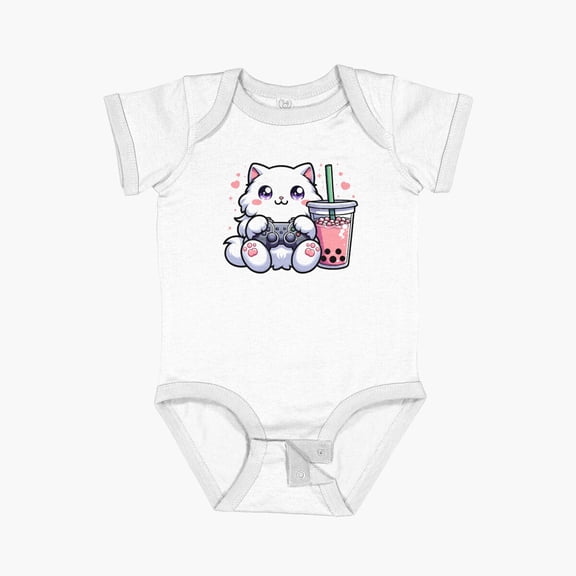 Luvly Kawaii White Cat Boba Tea Bubble Tea,Gamer Girl,Kawaii Neko Cat Playing Game Short Sleeve Baby One-Piece, New Born, Baby Shower Gift, New Parents Gift