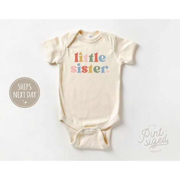 Luvly Little Sister Baby -Lil Sister - Retro Rainbow Sibling Bodysuit - Natural Little Sister Baby , New Born, Baby Shower Gift, New Parents Gift